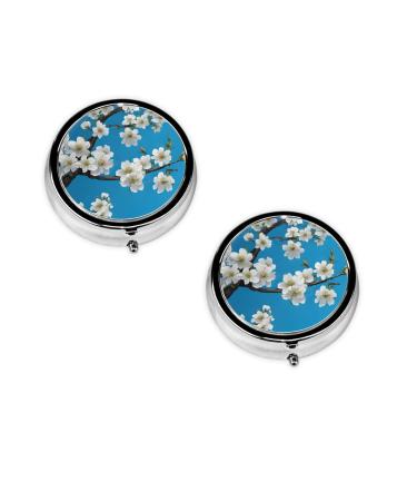 (Japanese Cherry Flowers) Round Pill Box 3 Compartment Pill Box Mini Decorative Pocket Purse Portable Travel Medicine Tablet Vitamin Holder Organizer Pill Case