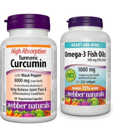 Webber Naturals Turmeric Curcumin with Black Pepper High Absorption & Omega-3 Fish Oil 1 000 mg 210 Softgels Supports Cardiovascular Health and Brain Function