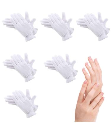 6 Pairs Moisturizing Gloves Over Night Bedtime White Cotton | Cosmetic Inspection Premium Cloth Quality | Eczema Dry Sensitive Irritated Skin Spa Therapy Secure Wristband| One Size Fits Most (6 Pairs)