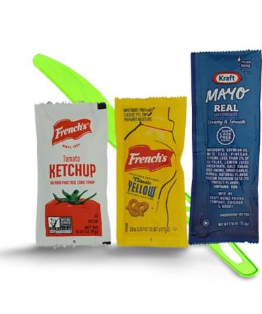 Ketchup Mustard and Mayo Individual Condiment Packets Bundled with an Eco-friendly Compostable Knife (Styles May Vary) for Spreading and Cutting - Convenient Portion Control for Home Outdoors or On-The-Go(20Each(60Total) 60 Piece Set
