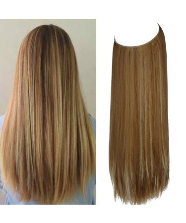 Clear Band Hair Extension Highlights Straight Ginger Brown Mix Bleach Blonde Highlight Long Synthetic Halo Hairpieces 22 Inch 4.4 Oz for Women Heat Resistant Fiber No Clip OMRREAT 22Inch&Straight Ginger Brown Mix Bleach Blonde #2