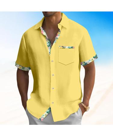 Rosennie Hawaii Shirt Men - Vintage Tropical Flowers Patchwork Cuba Shirt with Pocket | Loose Beach Shirt for Summer Vacation - Yellow - Buy Online on GoSupps.com