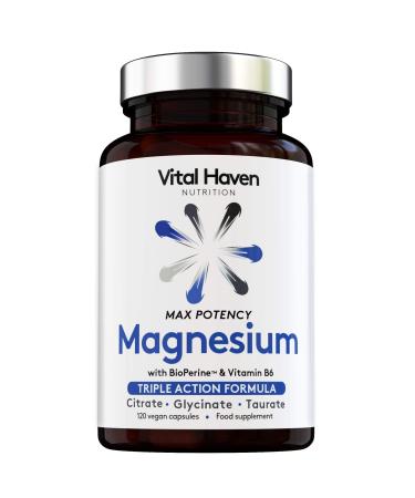 Complex Triple Action Formula - Magnesium Citrate + Glycinate + Taurate and Vitamin B6 with Bioperine for Maximum Absorption - Max Potency - Premium Ingredients - Vegan - Made in The UK