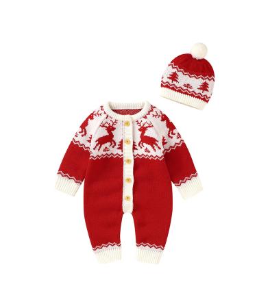 Forthcan Baby Christmas Knitted Sweater Romper Jumpsuit Newborn Girls Boys Christmas Onesies Outfits Clothes 3-6 Months Red-Reindeer