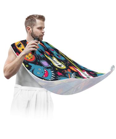 Beard Bib Apron Music Guitar Monster Doodle Beard Hair Catcher for Men Shaving Fathers Day Anniversary Christmas Gifts for Dad Husband Beard Bib with 2 Suction Cups