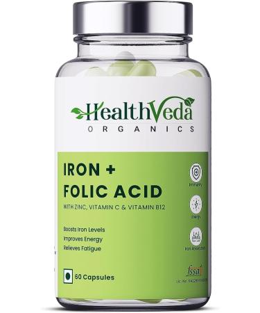 Iron + Folic Acid Supplement with Zinc Vitamin C & Vitamin B12 | 60 Veg Capsules | Supports Immunity and Energy | Enhances Iron Absorption| for Both Men & Women