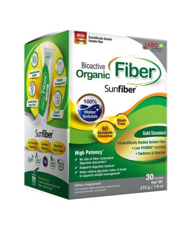 LABO Nutrition Bioactive Organic Fiber Sunfiber Soluble Prebiotic Fiber Supplement Support Healthy Digestive Intestinal Wellness with Partially Hydrolyzed Guar Gum Low-FODMAP Non-GMO 30 Sachets