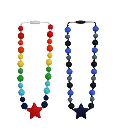 Chew Necklace for Sensory Kids 2 Pack Chewy Silicone Beads Teething Necklaces for Boys and Girls with Autism ADHD SPD Chewable Fidget Toys to Calms and Reduces Biting Chewing Fidgeting