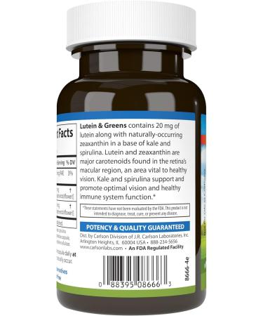 Carlson - Lutein & Greens 20 mg Vision Support & Eye Function Antioxidant 60 Vegetarian Capsules - Buy Online on GoSupps.com