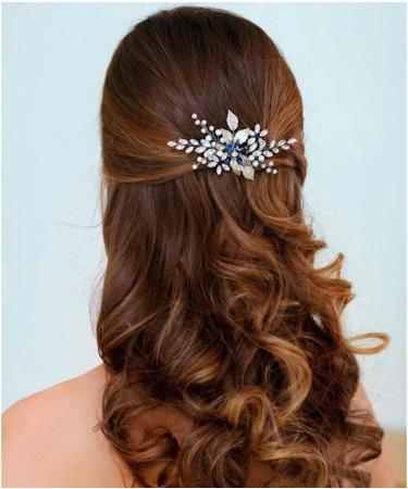 Bridal Sapphire Crystal Hair Comb Pearl Blue Crystal Leaf Marquise Hair Piece Prom Party Festival Wedding Hair Accessories for Women and Girls (Silver) Snap Clips - Buy Online on GoSupps.com