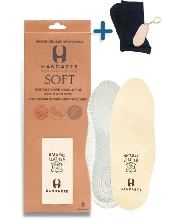 HANDARTE Genuine Leather Orthopedic Insoles - Odor Eater, Latex Foam Padded - Tan, Size US 12 / EU 43 - Gift Socks and Keychain Included - Buy Online on GoSupps.com