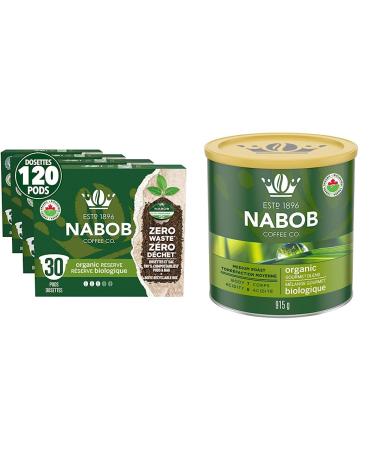 Nabob Organic Reserve Coffee 100% Compostable Pods 292g (4 Boxes of 30 Pods) & Organic Gourmet Blend Ground Coffee 915g Coffee + Blend Ground Coffee