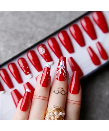 Christmas Reindeer Fake Nail Patches - Hand Painted Red 3D Acrylic Crystal Tips - Buy Online on GoSupps.com