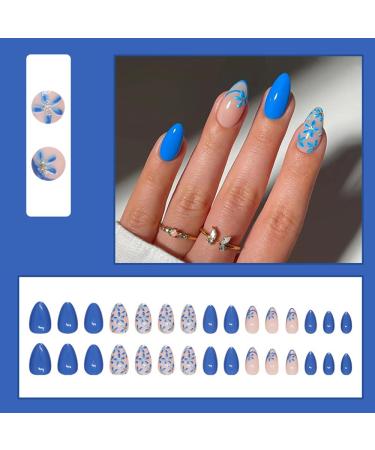 30 Pcs Blue Pink Press on Nails - SHANRUN Glitter Extra Short Almond Nail Art Tips | Full Cover Acrylic False Nails with Cat's Eye Flowers Design - Buy Online on GoSupps.com