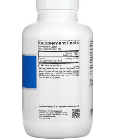 Lake Avenue Vitamin C Supplement 1000mg with Quali-C Ascorbic Acid - Immune Support for Healthy Immune Response - Vegan, Gluten-Free, Non-GMO - 365 Veggie Caps - Buy Online on GoSupps.com