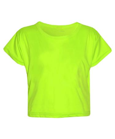 Loxdonz Girls Basic Dance Crop Top Kids Plain Short Sleeve Crop T-Shirt Tees Top 7-8 Years Neon Yellow