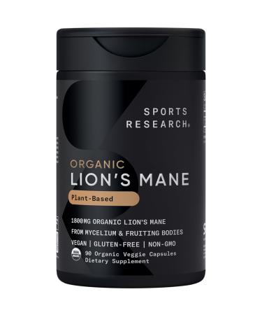 Sports Research Organic Lion's Mane Mushroom Supplement 1800mg - Brain Health Focus & Cognitive Supports - USDA Certified Organic Non-GMO Vegan - 90 Count Capsules