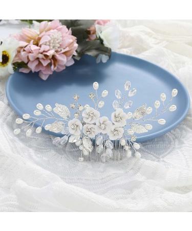 Unicra Flower Bride Wedding Hair Comb - Silver Leaf Bridal Headpiece with Pearl and Crystal Accents for Women and Girls - Buy Online on GoSupps.com