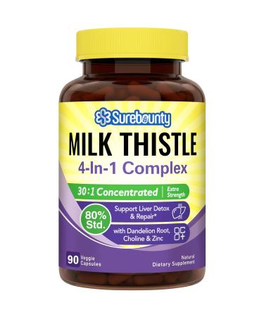 Surebounty 4-in-1 Milk Thistle Complex for Men & Women 30X Milk Thistle Extract (80% Silymarin) with Dandelion Choline Zinc Liver Detox & Repair Non-GMO Once Daily 90 Veggie Caps
