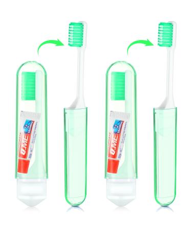 Nuen 2 pieces portable soft toothbrushes travel toothbrush foldable camping toothbrush with soft bristles mini foldable travel toothbrush with toothpastes for adults (green shell) case green
