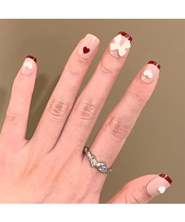 SONGQEE 24 Pieces Short False Nails Fake Nails with Glue - Full Cover Artificial Fingernails Fake Nails with Nail Glue (Cute Bow Tie Design)