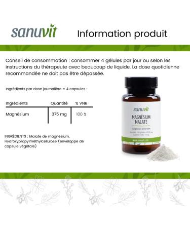 Sanuvit - Magnesium Malate 800 mg | 180 Capsules | High Bioavailability | 100% Covers Daily Magnesium Requirements | Vegan - Buy Online on GoSupps.com