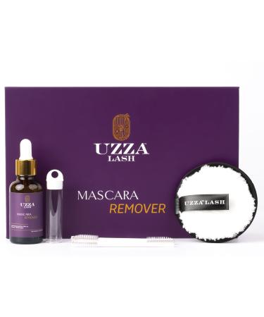 UZZA Lash Eye Makeup Remover - Waterproof Mascara Remover for Sensitive Eyes - Natural Make up Remover - Hygienic Kit Includes Eyelash Brush Reusable Pads Cleanser Liquid 1oz