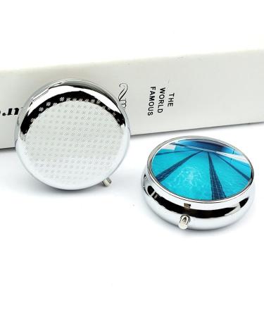 Round Blue Swimming Pool Print Pill Organizer - 3 Compartment Decorative Metal Pill Box for Travel - Buy Online on GoSupps.com