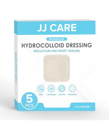 JJ CARE Hydrocolloid Dressing Pack 5 6x6 Hydrocolloid Bandages w/o Border Thin Hydrocolloid Wound Dressing Faster Healing for Bedsores Blisters and Acne 6x6 Inch without Border (Pack of 5)