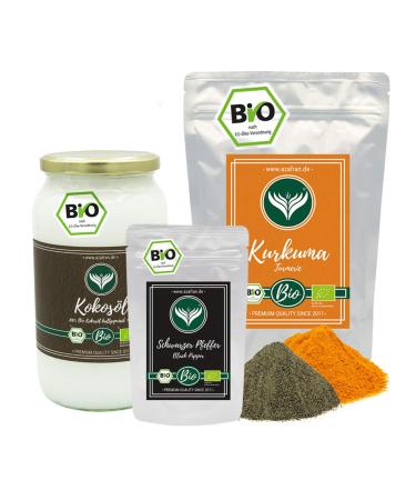 Azafran ORGANIC Turmeric Paste Set with Coconut Oil (1L) Turmeric (1kg) and Pepper (50g) Turmeric Paste Set