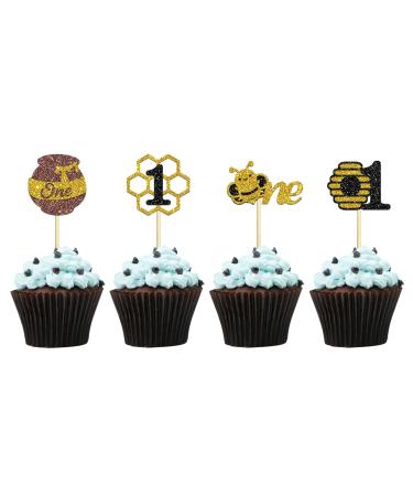 24 PCS Bee One Cupcake Toppers Honeycomb Honey Bee Cupcake Topper Happy 1st Birthday Cake Decoration for Bee Theme Boy Girl Kids First Birthday Baby Shower Anniversary Party Supplies