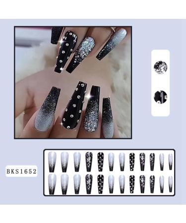 Joselin Black Gradient Applique Diamond False Nails Long Coffin Nail Tips Glitter Diamond Nails Nail Art - Buy Online on GoSupps.com