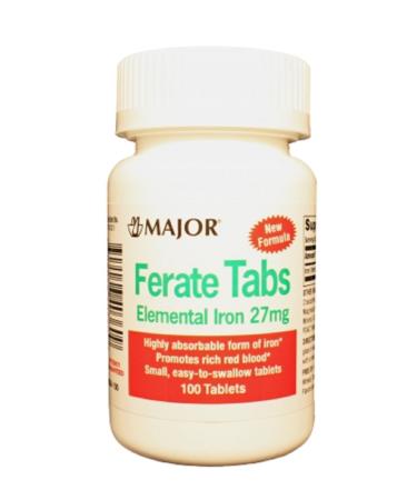 Major FERATE Elemental Iron 27MG TAB Ferrous GLUCONATE-27 MG Green 100 Tablets UPC 309046403609