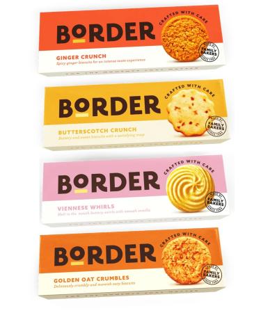 Pack of 4 Delicious Border Biscuits Selection - Butterscotch Crunch Golden Oat Crumbles Viennese Whirls and Ginger Crunch - Suitable for Vegetarians - Buy Online on GoSupps.com