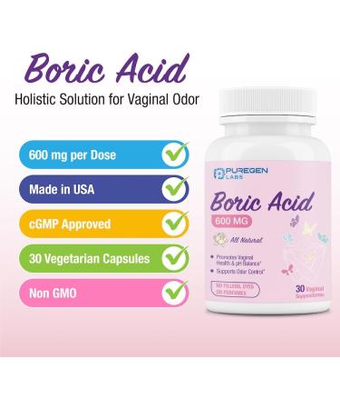 Puregen Labs Boric Acid 600 mg Vaginal Suppositories - Natural pH Balance & Odor Control - 30 Count Made in USA - Buy Online on GoSupps.com