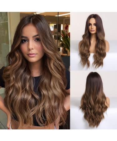 Brown Wig for Women Long Curly Wig Natural Brunette Wigs Middle Part Heat Resistant Synthetic 26 Inch Wig