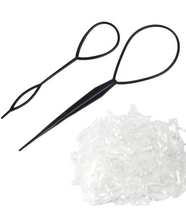 VAGA 250 Transparent Clear Small Elastic Rubber Bands and 2 Ponytails Makers with Loops - Hair Tools and Hairbands Set