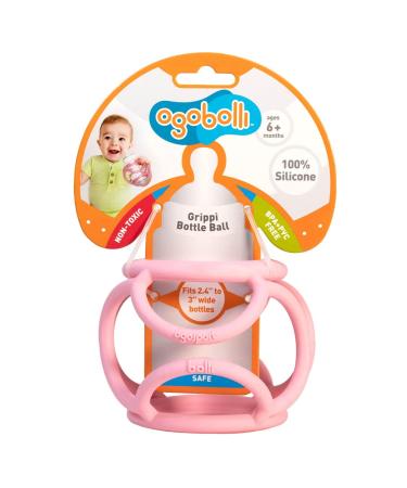 OgoBolli Grippi Baby Bottle Holder and Sensory Teether Toy for Babies - for 2.4"-3" Wide Bottles - Made from Safe Stretchy Silicone Non-Toxic PVC BPA and Phthalate Free - Ages 6+ Months - Pink
