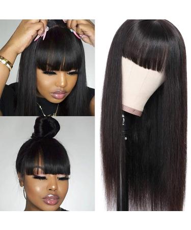 Lzlefho Silky Brazilian Virgin Straight Human Hair Wigs with Bangs 130% Density None Lace Front Wigs Glueless Machine Made Wigs for Black Women Natural Color (16inch) 16 Inch Natural Black