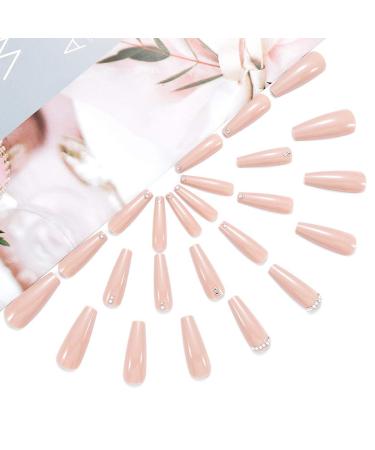 Brishow Long Khaki Press-On Nails with Rhinestones | 24 Ballerina Acrylic Artificial Nails for Women & Girls - Buy Online on GoSupps.com