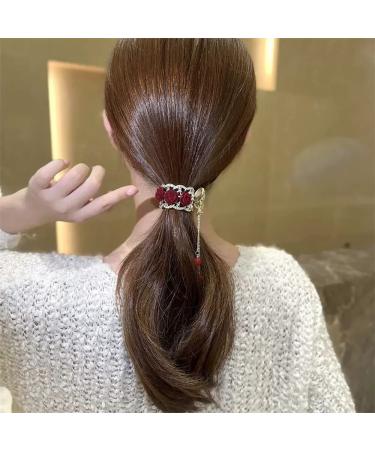 Red Rhinestone Hair Clip - Metal Rose Barrette Ponytail Clip for Girls | Non-slip Hair Claw with Tassel Detail - Decorative Hairpin Accessory (1Pcs) - Buy Online on GoSupps.com