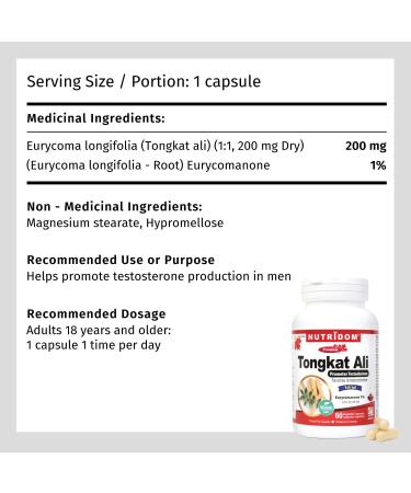 Nutridom Tongkat Ali Supplement for Men 200mg - Non-GMO Vegan Gluten Free Soy and Dairy Free Made in Canada (60 Veggie Caspules) - Buy Online on GoSupps.com