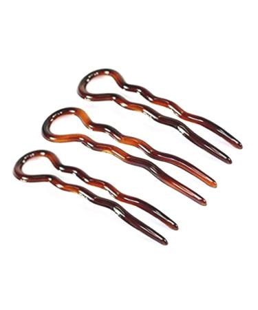 Parcelona French Sleek Brown Tortoise Shell Large 3 1/2 Celluloid Made in France Set of 3 Wavy Crink U Shaped Chignon Hair Pins Updo Bun Pin Sticks for Women and Girls 3 Count (Pack of 1)