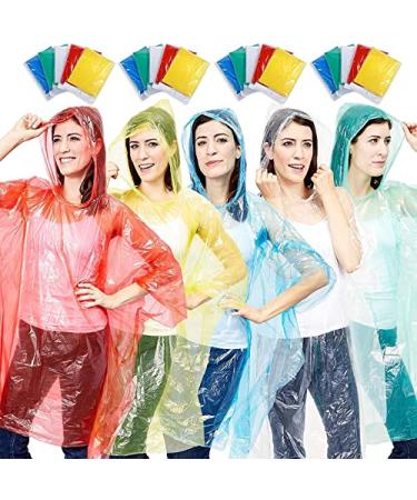 Juvale 20-Pack Disposable Clear Rain Ponchos with Hood for Adults, Family, Women, Men, Individually Wrapped Bulk Emergency Raincoats, One Size (Red, Yellow, Blue, Clear, Green)