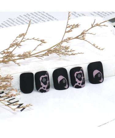 Leopard Print Short Black Press on Nails - Square Nail Tips Set - Frosted Texture False Nails Kit for Women - 24pcs - Buy Online on GoSupps.com