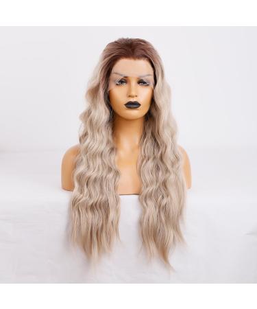 Green mir long corrugated ash blonde pointed front wig 13x3 lace with dark root heat -resistant synthetic fiber for women replacement wig 24in ombre ash blonde lace front wig