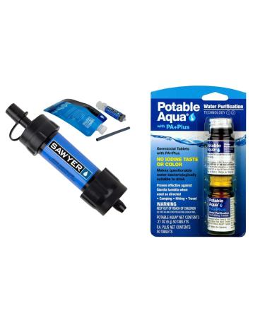 Sawyer Products SP128 Mini Water Filtration System Single Blue & Potable Aqua Water Purification Tablets with PA Plus - Two 50 Count Bottles Blue 1-pack Filtration System + Tablets - Two 50