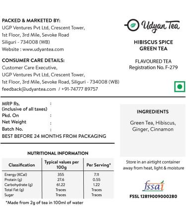 Udyan Tea Hibiscus Spice Green Tea - 100 g (40 Cups) | Supports Heart Health Regulates Blood Pressure Boosts Energy | Stress Relief and Relaxation Blend - Buy Online on GoSupps.com