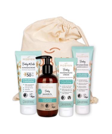 Mabyen baby care all around carefree set |Natural cosmetics - 4 products + fabric bag - organic - baby equipment - gift set - with 1x almond oil 1x care cream 1x wound cream & 1x sunscreen - Buy Online on GoSupps.com