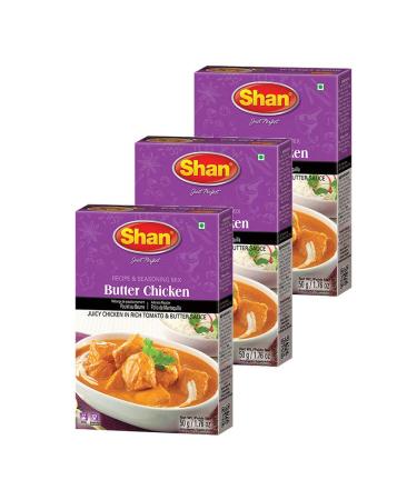 Shan Butter Chicken Recipe and Seasoning Mix 1.76 oz (50g) - Spice Powder for Juicy Chicken in Rich Tomato and Butter Sauce - Suitable for Vegetarians - Airtight Bag in a Box (Pack of 3) Butter Chicken 1.76 Ounce (Pack of 3)